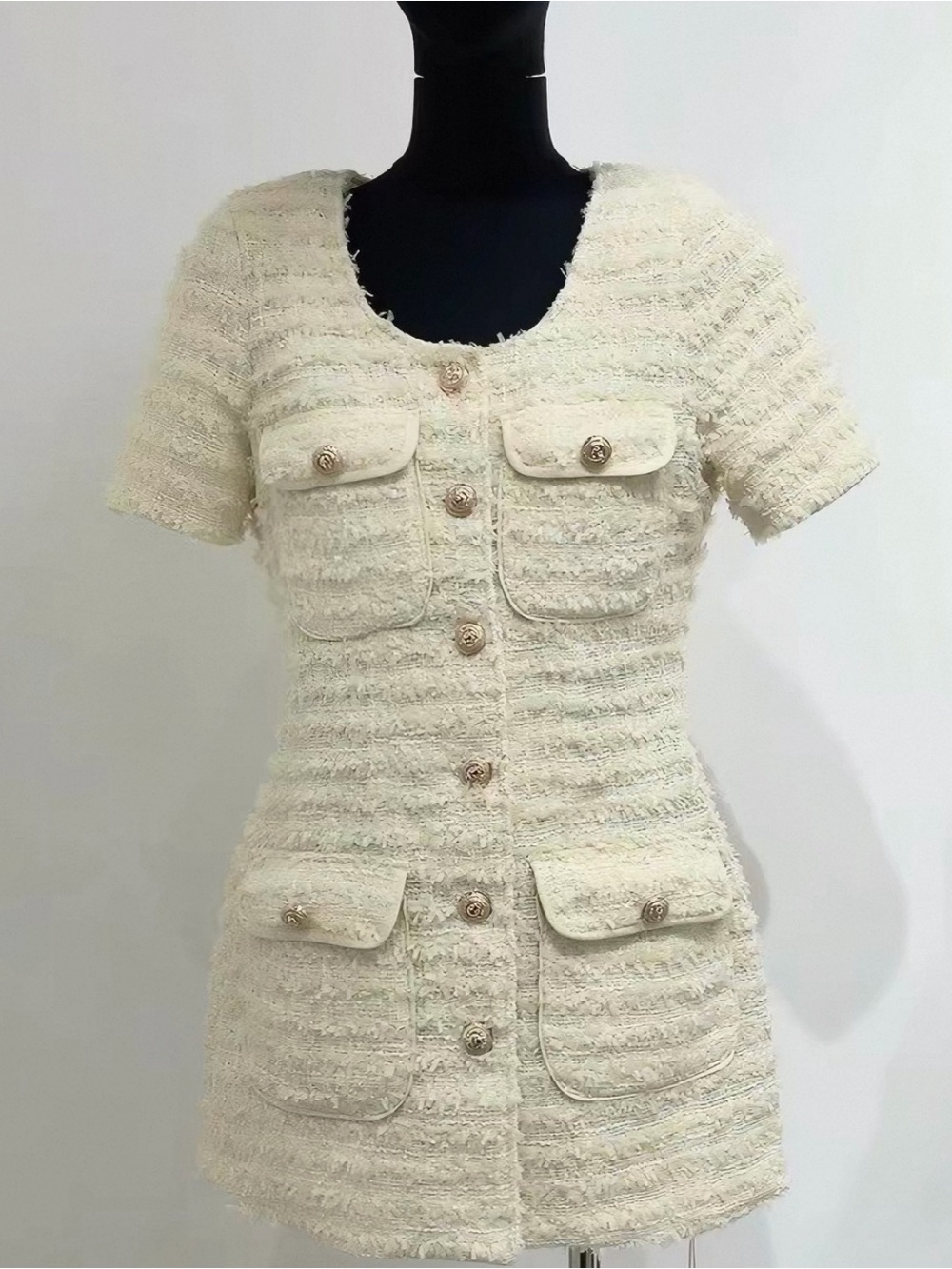 Cream Tweed Short Sleeve Button Front Dress